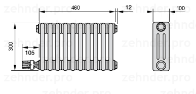 Схема (чертеж) Радиатор Zehnder Charleston 3030/10 №V003 Белый глянцевый RAL 9016